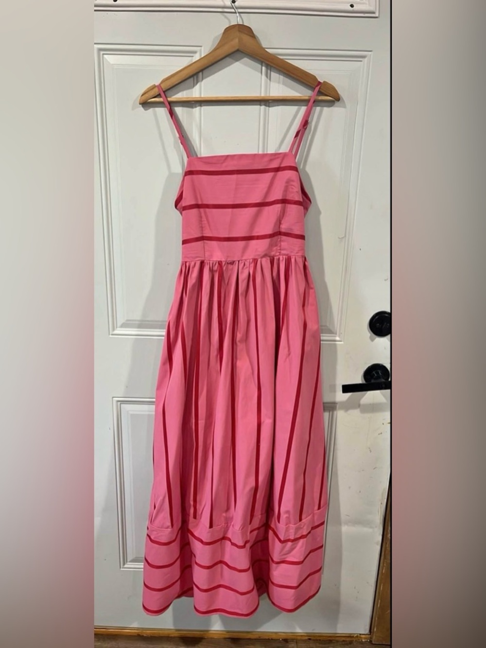 Pink and red Striped Spaghetti‑Strap Dress